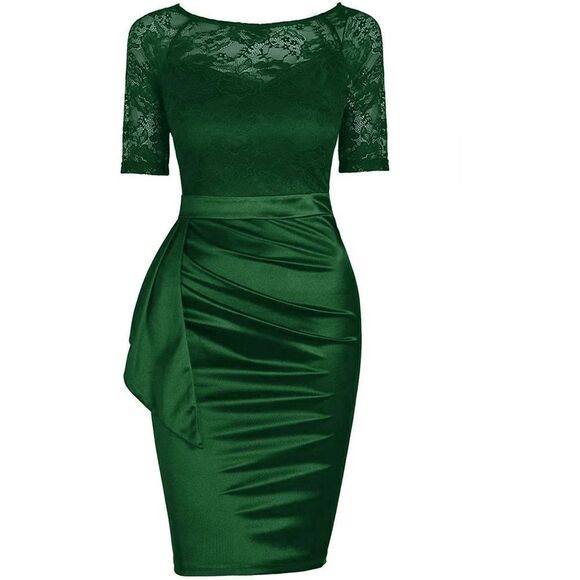 💚 Elegant Romantic Lace Satin Fitted Ruched Ruffles Retro Pencil Dress XXL NWT - Picture 3 of 10